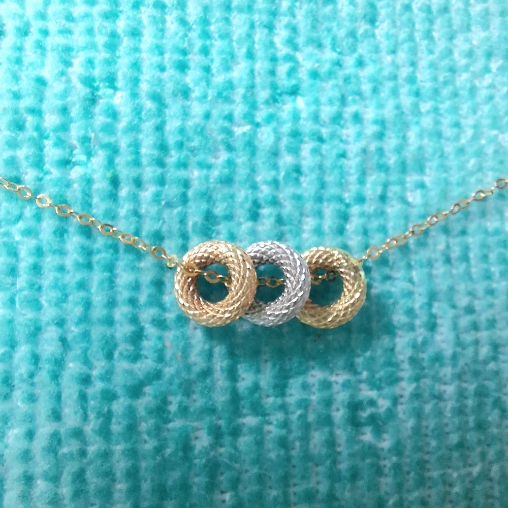 14K Tricolor White, Rose, Yellow Gold Donut Circles Solid Gold Dainty Necklace